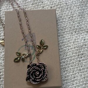 Betsey Johnson Pink Enamel Rose Pendant Necklace with Gold Leaves